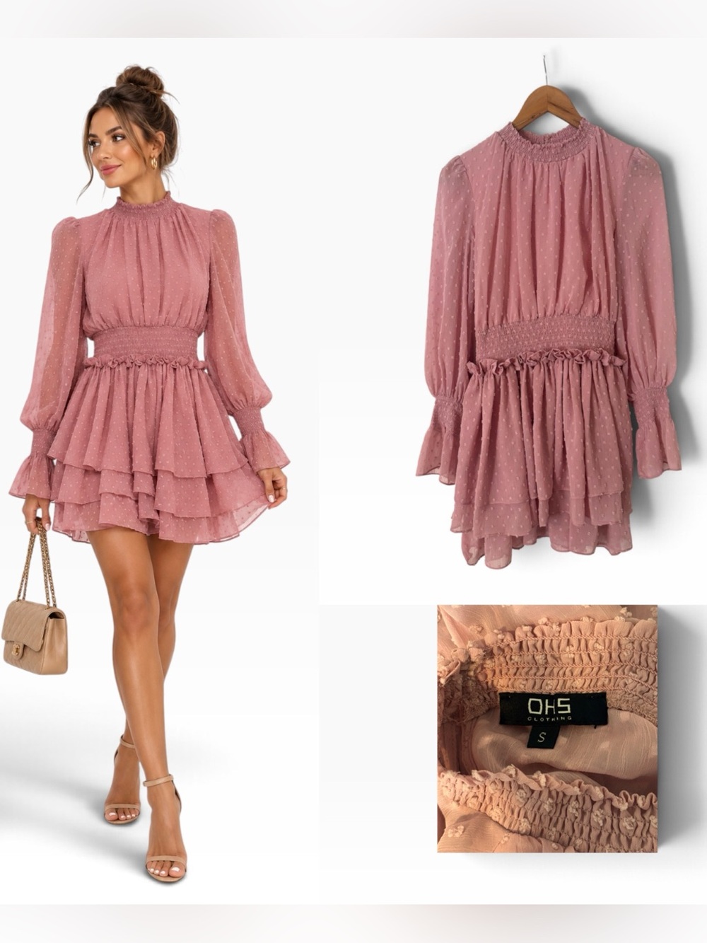 OHS Clothing Mauve Swiss Dot Tiered Mini Dress - Size Small